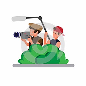 Two man hiding in the bushes and holding camera to recording, cameraman capture moment in candid flat cartoon illustration vector