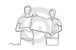 Two man holding a blank poster at a meeting protesting. people with protest signboard banner standing line vector drawing. One