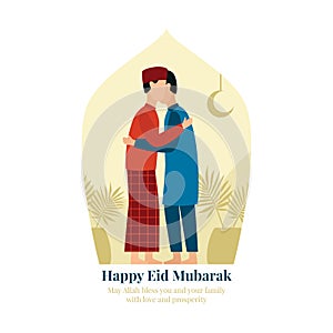 Two man hugging for forgive each other during eid fitr islam holiday after breaking the fast vector flat illustration with mosque