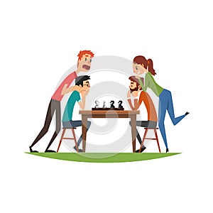 Two man playing chess with their girlfriends, friends playing a board game vector Illustration on a white background