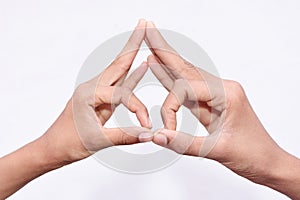 Two man's hand gestured funny eye showing symbol photo