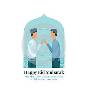 Two man salute for forgive each other during eid fitr islam holiday after breaking the fast vector flat illustration with mosque