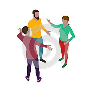 Two man and a women talk energetically while standing. Scene of three people in isometric view. Isolated team of staff
