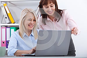 Two managers working on laptop in office.