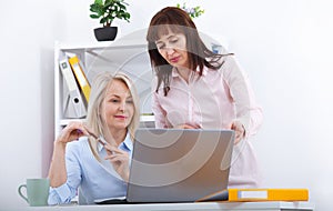 Two managers working on laptop in office.