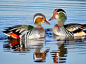 Two mandarin ducks floating on the lake