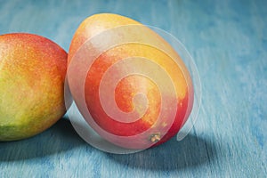 Two Mangoes on a Blue Background