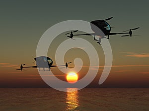Two manned drones flying over the sea