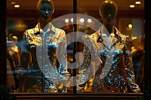 Two Mannequins Dressed in Shiny Clothing in Store Window
