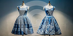 Two mannequins showcases cyanotype dresses with unique patterns AI-Created Content photo