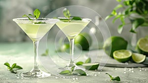 Two martini glasses filled to the brim with refreshing limeade and garnished with fresh mint leaves