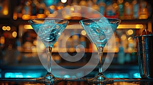 Two martinis in martini glasses on a bar counter