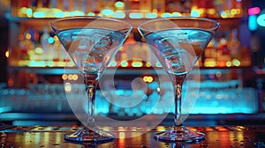 Two martinis in martini glasses on a bar counter