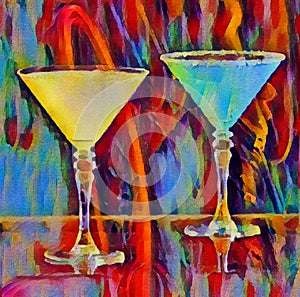 Two martinis in martini glasses are seen in a colorful digital watercolor