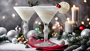 Two martinis on a table with Christmas decorations
