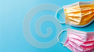 Two masks with colorful ribbons on blue backdrop