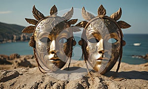 Two masks are sitting on a rock by the water, one on the left and one on the right. The left mask has a face on it, whil