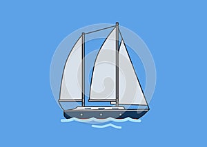 Two mast sailing yacht, sailboat. Flat vector illustration. Isolated on blue background.