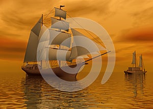 Two mast schooners sails on calm sea during sunset, 3d rendering