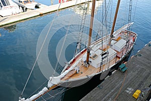 Two masted schooner docked from above