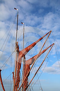 Sails, masts and rigging on a Thames sailing barge yacht