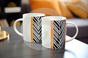 two matching designer coffee mugs on a table
