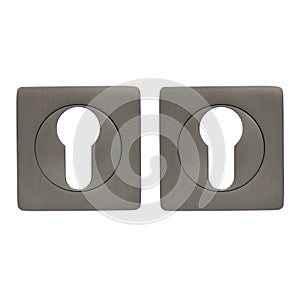 Two matte decorative overlays in the form of a square of graphite color for the keyhole of the door