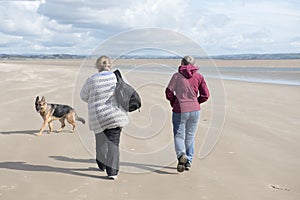 Two mature woman walking along the beach with their Alsatian dog