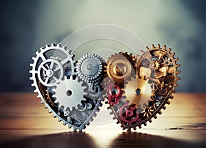 Two mechanical hearts with gears symbolizing a couple and love engineering