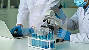 Scientists conducting research in a laboratory using a microscope and modern computer equipment