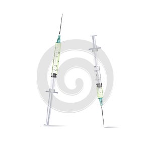 Two medical syringe with a liquid on a white background. a syringe with a needle. vector