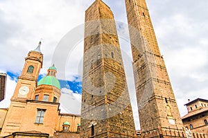 Two medieval towers of Bologna Le Due Torri: Asinelli and Garisenda and Chiesa di San Bartolomeo Gaetano church