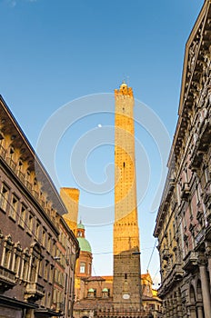 Two medieval towers of Bologna Le Due Torri: Asinelli and Garisenda and Chiesa di San Bartolomeo Gaetano church on Piazza di Porta