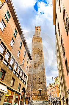 Two medieval towers of Bologna Le Due Torri: Asinelli tower and Garisenda tower on Piazza di Porta Ravegnana square photo