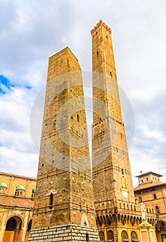 Two medieval towers of Bologna Le Due Torri: Asinelli tower and Garisenda tower on Piazza di Porta Ravegnana photo