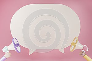 Two megaphones loudspeaker with chat bubble isolate on solf pink background. Magaphone with copy space for texts or message. 3d