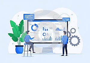 Two men analyzing data charts on a large computer screen data analysis business intelligence