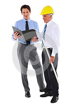 Two men architects with helmet and plan