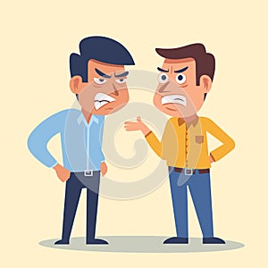Two men arguing cartoon with angry expressions and gesturing. Office conflict between employees cartoon. Disagreement