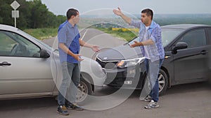 Two men arguing conflict after a car accident on the road car insurance. slow lifestyle motion video. Two Drivers man