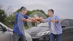 Two men arguing conflict after a car accident on the road car insurance. slow motion video. Two Drivers man Arguing