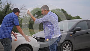 Two men arguing conflict after a car accident on the road car insurance. slow motion video. Two Drivers man Arguing