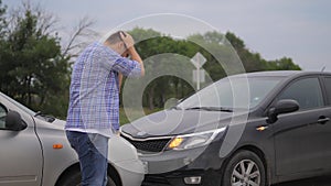 Two men arguing conflict after a car accident on the road car insurance. slow motion video. Two Drivers man Arguing