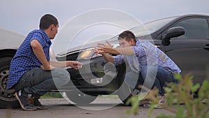 Two men arguing conflict after a car accident on the road car insurance. slow motion video. Two men reporting a car