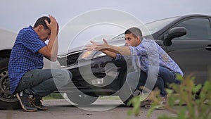 Two men arguing conflict after a car accident on the road car insurance. slow motion video. Two men reporting a car