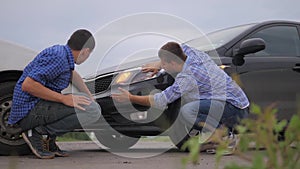 Two men arguing conflict after a lifestyle car accident on the road car insurance. slow motion video. Two Drivers man