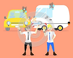 Two men argument with crash car, accident concept