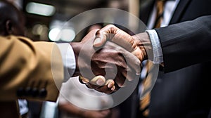 two men in business suits shaking hands in front of others