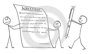 Two Men or Businessmen Holding Agreement to Sign, Vector Cartoon Stick Figure Illustration