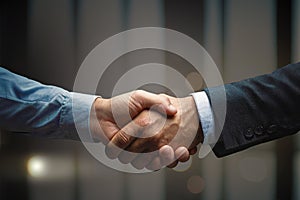Two men, businessmen shake hands. Handshake close-up. Copy space